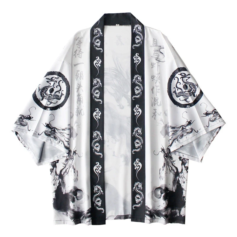 Japanese Lifestyle - เสื้อผ้าแบบดั้งเดิมของญี่ปุ่น ชุดกิโมโนญี่ปุ่น ลายพิมพ์มังกรหมึกสำหรับผู้หญิง เสื้อคลุมคาร์ดิแกนคุณภาพสูงสำหรับฤดูร้อน แขนสั้นทรงหลวม สวมใส่สบาย