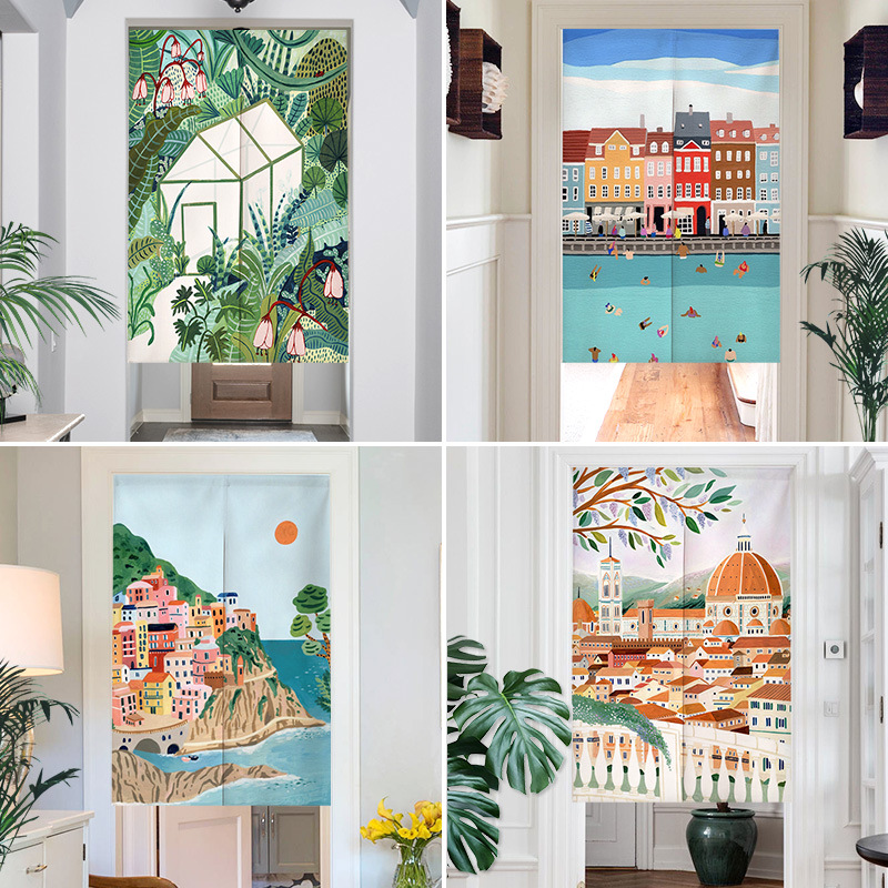 Noren Curtain Doorway - Nordic Insภาพวาดมือวาดผ้าม่านประตูห้องนอนผ้าลินินผ้าม่านEntranceแขวนครึ่งผ้าม่านโดยไม่ต้องเจาะ