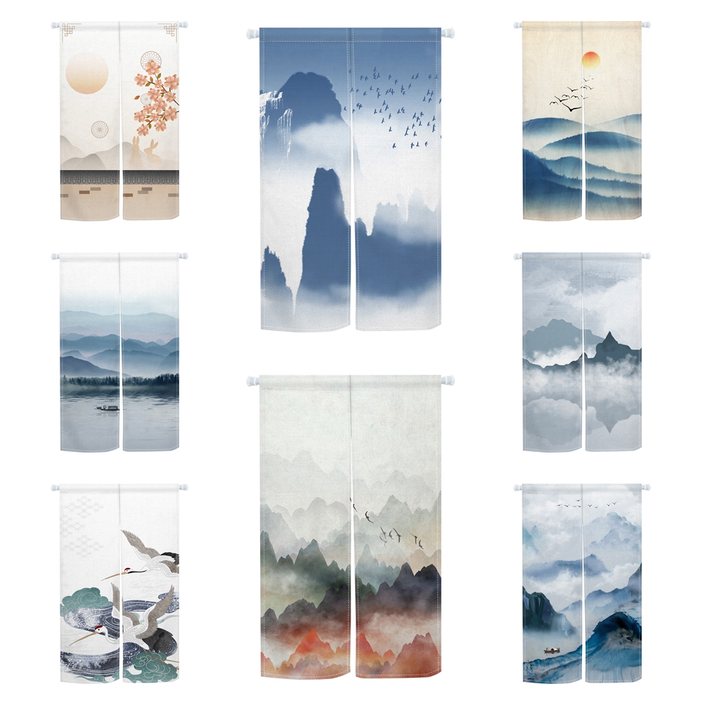 Noren Curtain Doorway - ม่านประตูโนเร็นแบบดั้งเดิมของญี่ปุ่น ลายภูเขา ทะเลสาบ นกกระเรียน พระอาทิตย์ตก สำหรับตกแต่งห้องอาหารอิซาคายะ