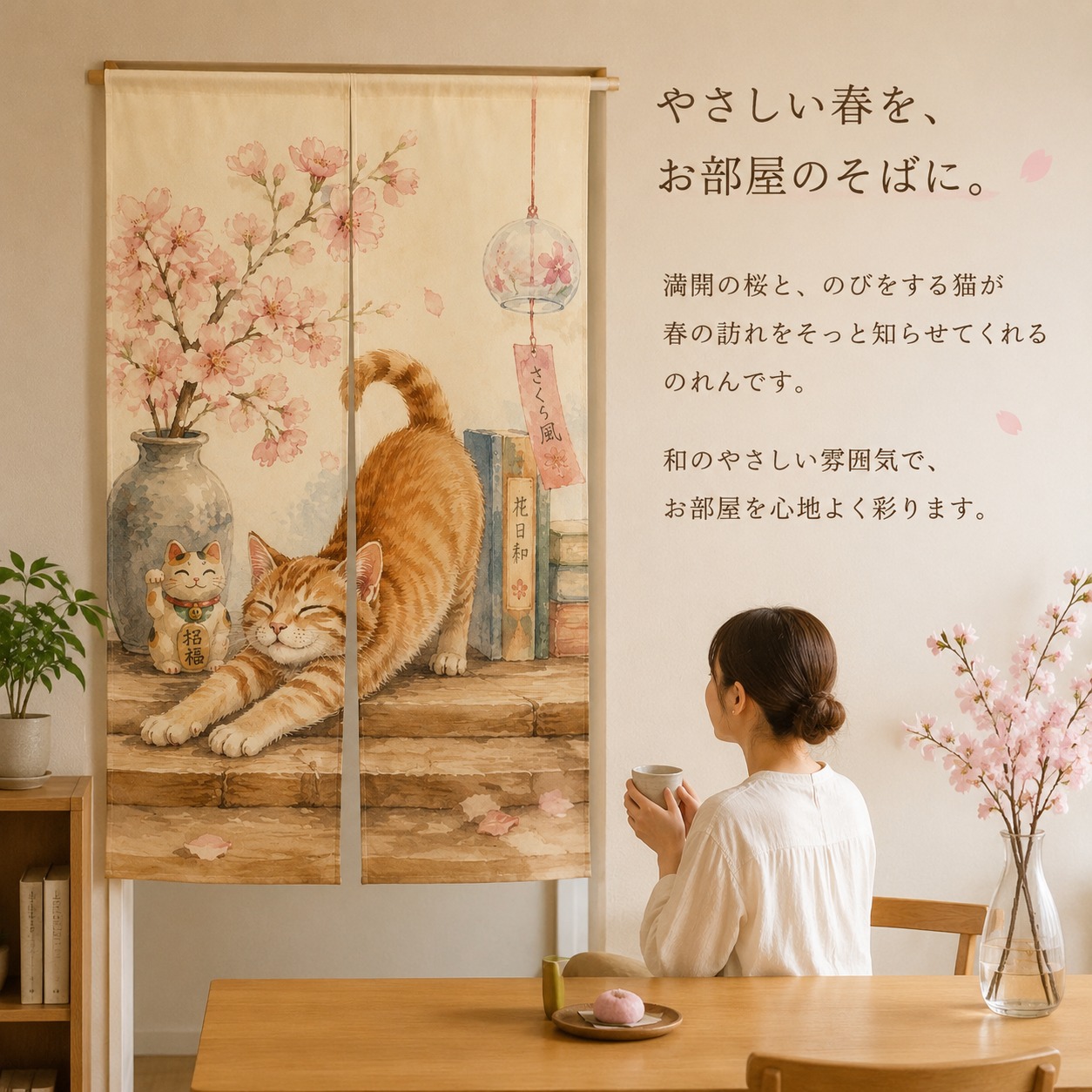Noren Curtain Doorway - ม่านกั้นห้องลายซากุระญี่ปุ่น ผ้าโพลีเอสเตอร์ ฉากกั้นทางเข้าประตู ของตกแต่งบ้านสไตล์ญี่ปุ่น ลายการ์ตูนน่ารัก ของขวัญสำหรับตกแต่งบ้าน