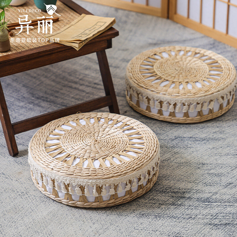 Tatami Mat Rush - เบาะรองนั่งทรงกลมสไตล์ทาทามิ ทำจากหวาย สำหรับวางข้างหน้าต่าง ใช้สำหรับนั่งสมาธิ วางโต๊ะน้ำชา ตกแต่งบ้าน