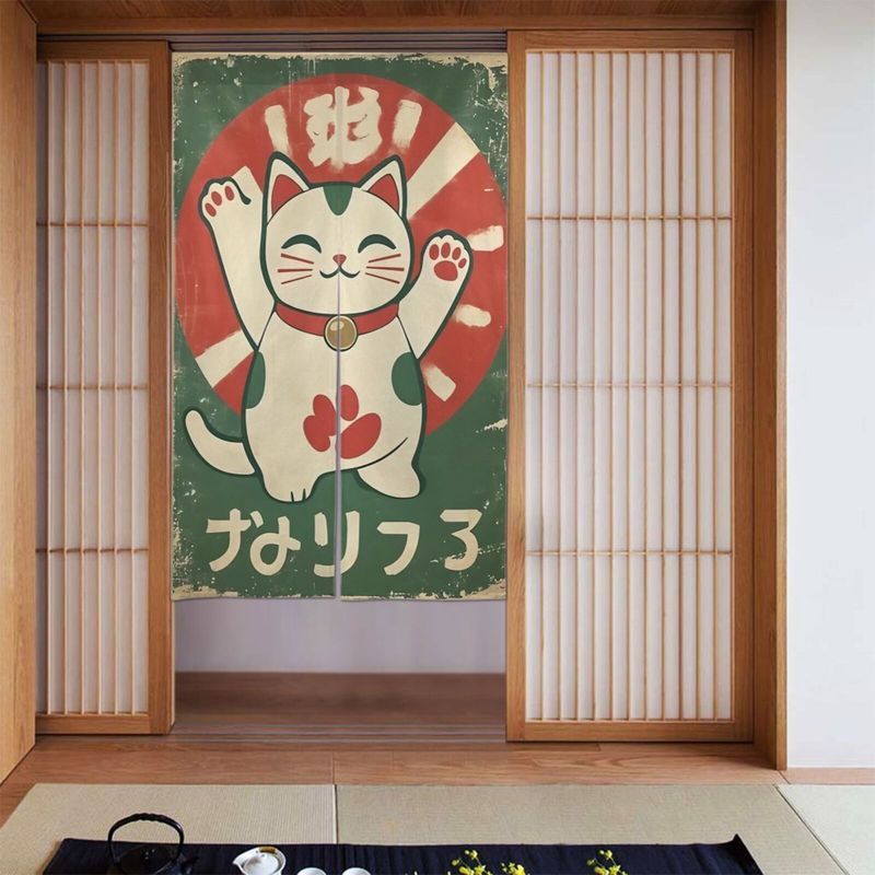 Noren Curtain Doorway - ม่านประตูวิคาเมะลายแมวนำโชคสีเขียวสไตล์เรโทร ลายแมวญี่ปุ่นพิมพ์ลายแบบวินเทจ ม่านโนเร็นสำหรับร้านอาหาร