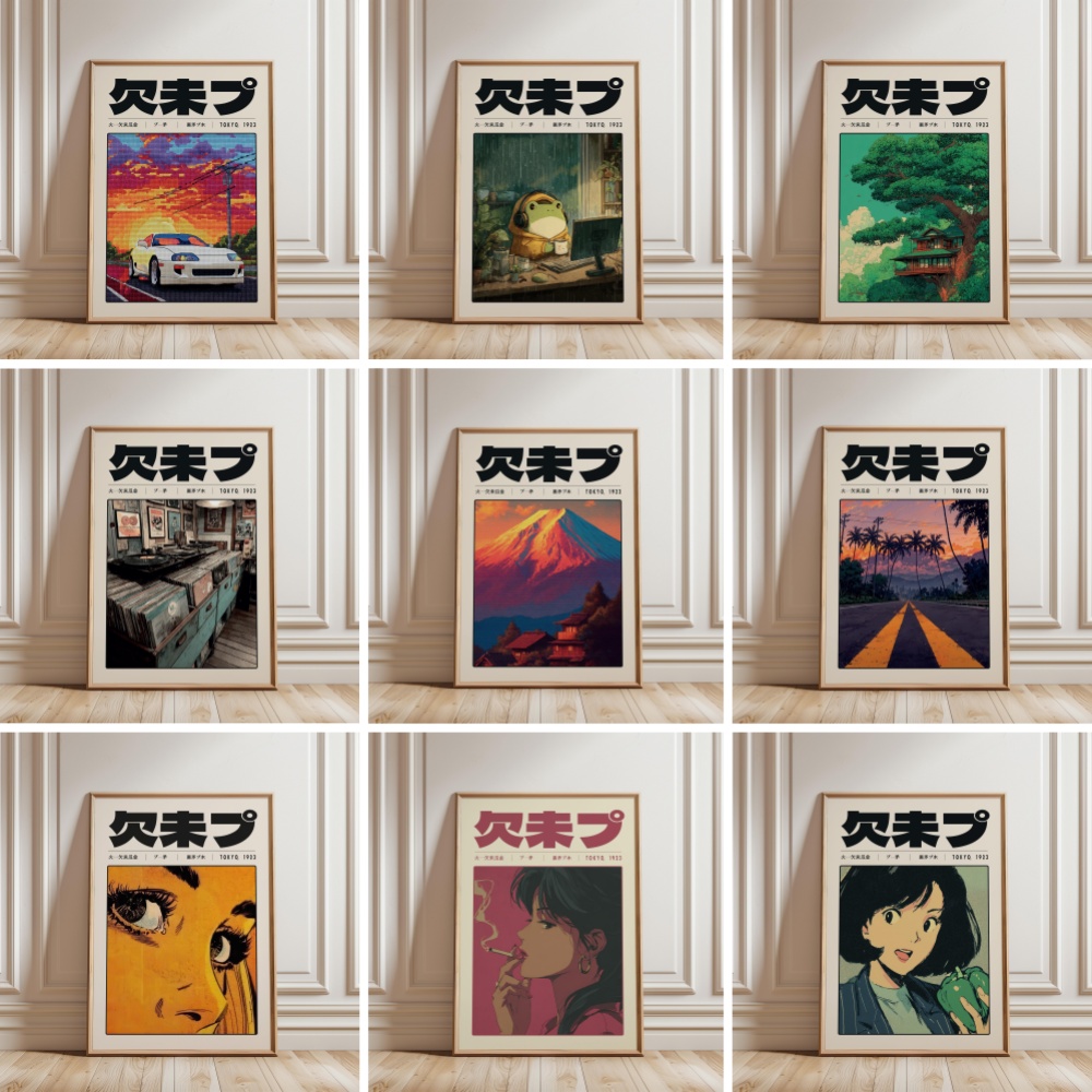 Japanese Lifestyle Culture - เรโทร โตเกียว เวเปอร์เวฟ ป๊อป คัลเจอร์โปสเตอร์สไตล์ญี่ปุ่นพิมพ์บนผ้าใบ Y2K